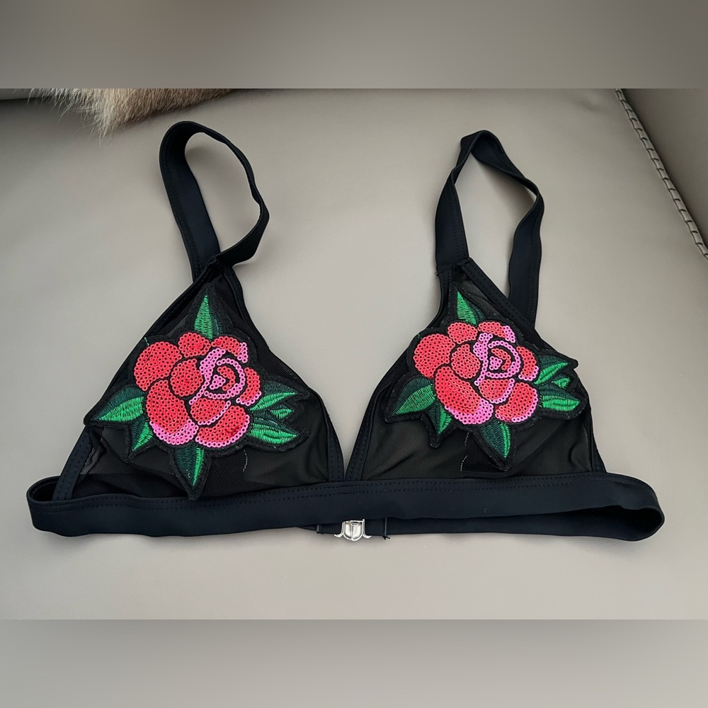 Floral Embroidered Sequin Black Bralette – Size Small